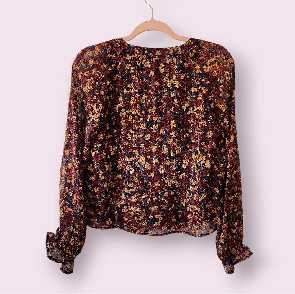FRYE | EUC Boho Ruffle Floral Long Balloon Sleeve‎ Button Down Shirt Size S - Picture 3 of 6